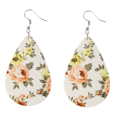 

Boho Women Floral Pattern Teardrop Dangle Faux Leather Hook Earrings Jewelry