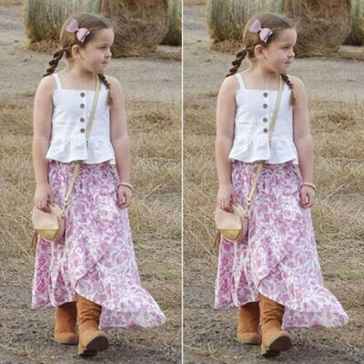 

Toddler Infant Baby Girl Clothes Sling Vest TopsFlower Dress 2PCS Outfits Set