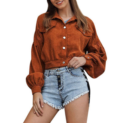 

Buckle Lapel Slim Windbreaker Ladies Long Sleeve Coat Short Jacket Women Corduroy Patchwork Jackets