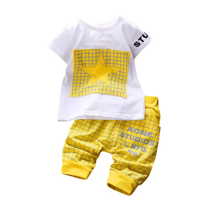

2Pcs Infant Kid Boys Girl Letter Star Print Plaid TopsPants Outfits Clothes Set