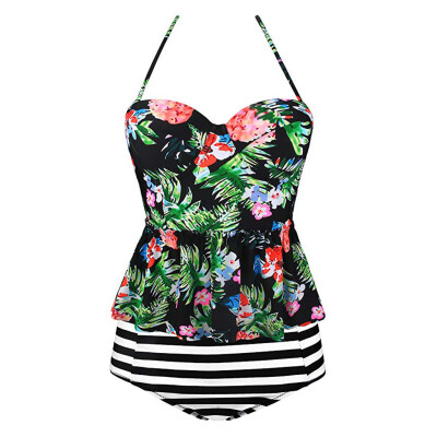 

Saidsome Women Vintage Underwire Floral Print Ruffle Strap Striped Beach Swimwear Tankini