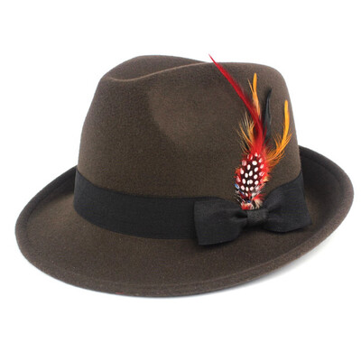 

6 Colors Men Hard Felt Feather Trilby Jazz Hat Woolen Pork Pie Hat