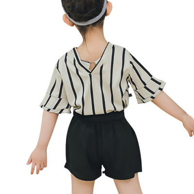 

Summer Baby Girls Striped T-shirt Shorts Sets Flare Sleeve Print T-shirt TopsShorts Suits Casual Outfits Sets