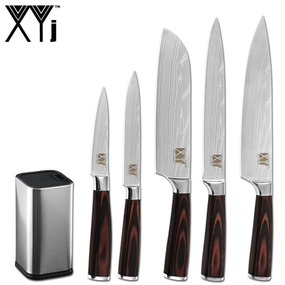 

XYj 6pcs Kitchen Knives Stainless Steel Set 8 inch Knife Stand Damascus Pattern Blade Kitchen Tools
