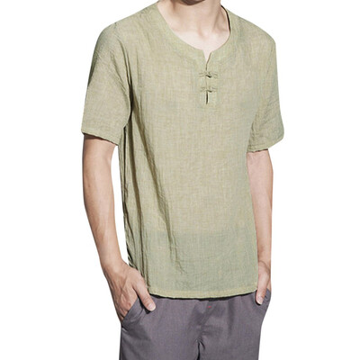 

Toponeto Mens Linen Short Sleeve Solid Color Crew Neck Loose Casual T Shirt Blouse