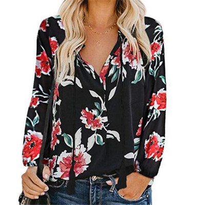 

Women Loose V Collar Button Summer Cartoon Floral Print Loose Long Sleeve Casual Simple Wild T-Shirt