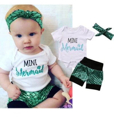 

Adorable Infant Baby Girls Mermaid Outfits TopsBottomHe&ltwbr &gtadband 3PCS Clothes Set Size 0-18M