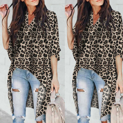 

Women V Neck Plus Size Leopard Print Long Sleeve Loose T Shirt OL Tops Blouse