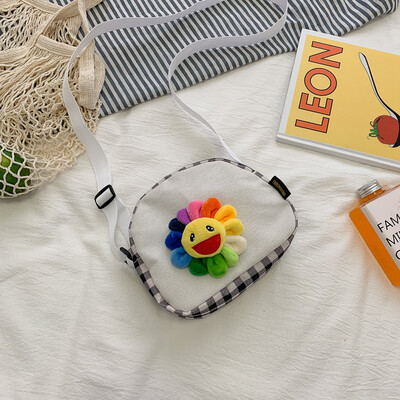 

Cartoon cute colorful sun flower canvas bag 2019 new wild plaid shoulder bag fashion Messenger small square bag