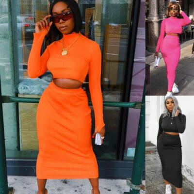 

Womens Long Sleeve Ladies Bodycon Crop Top Pencil Long Skirt 2 Piece Set Sexy