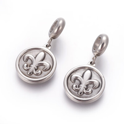 

304 Stainless Steel European Dangle Beads Large Hole Pendants Flat Round with Fleur De Lis Antique Silver 29mm