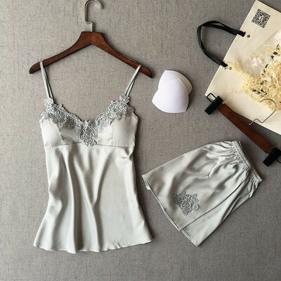 

2Pcs Women Satin Silk Sleepwear Lace V Neck Tops Shorts Pants Pyjamas Set