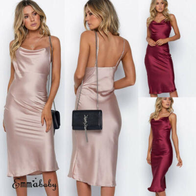 

Fashion Women Satin Bodycon Strap Sleeveless Elegant Evening Party Cocktai Dress