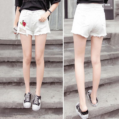 

Women Jean Shorts Washed Denim Floral Rose Embroidery Grids Holes High Waist Ripped Frayed Slim Pants WhiteBlue
