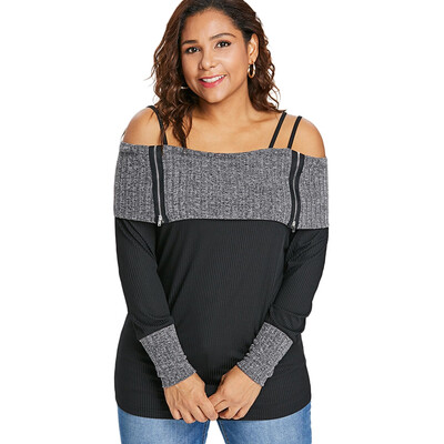 

Plus Size Open Shoulder Long Sleeve T-shirt