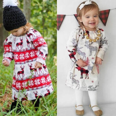 

Kids Baby Girl Christmas Long Sleeve Elk Snowflake Print Party Deer Dresses Clothes