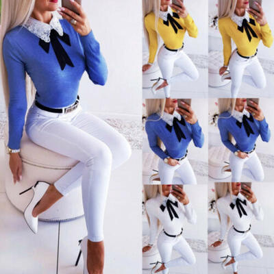 

Fashion Womens Long Sleeve Lace Knitted Jumper Sweater Slim Fit Tops Blouse UK
