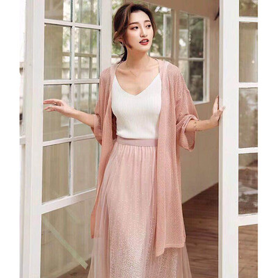 

Summer New Coat Medium Long Air Conditioning Shirt Ice Silk Sweater Sunscreen Cardigan Women Thin Section Ponchos