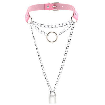 

New Fashion PU Leather Ring Punk Chain Lock Pendant Clavicle Chain Jewelry