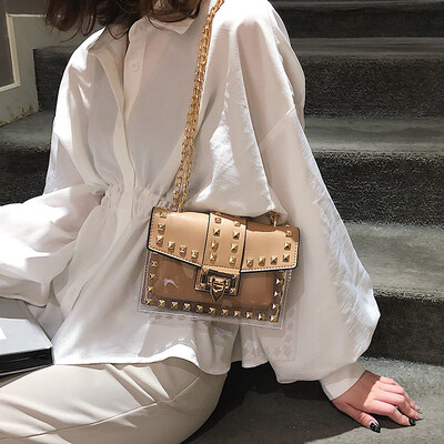 

Small clear Brand Designer Woman 2019 New Fashion Messenger Bag Chains Shoulder Bag Female Rivets Transparent Square PU Handbag