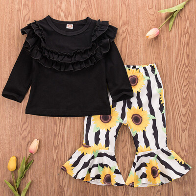 

2pcs Newborn Baby Kids Girl Outfits Clothes Ruffle Tops Sunflower Striped Pants