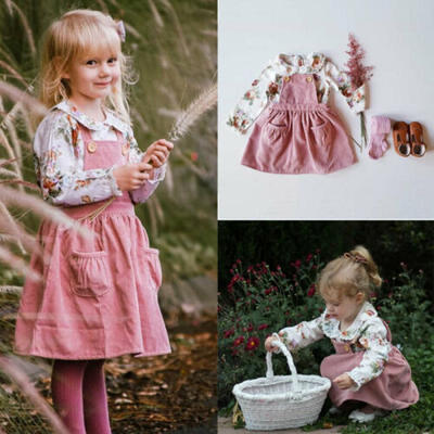 

UK Newborn Girls Dress Flower Doll Collar Long Sleeve Strap Skirt Outfit Clothes