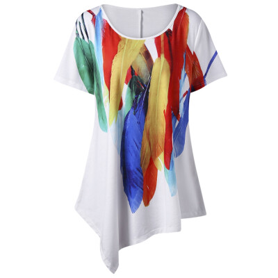 

Feather Print Plus Size Asymmetric T-Shirt