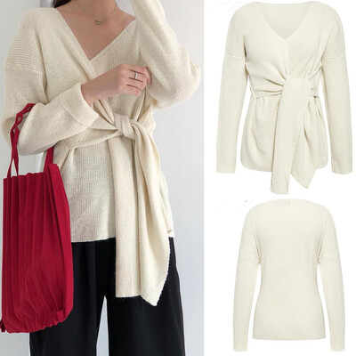 

〖Follure〗Womens V Neck Knitted Long Sleeve Wrap Front Loose Bandage Sweater Coat Blouse