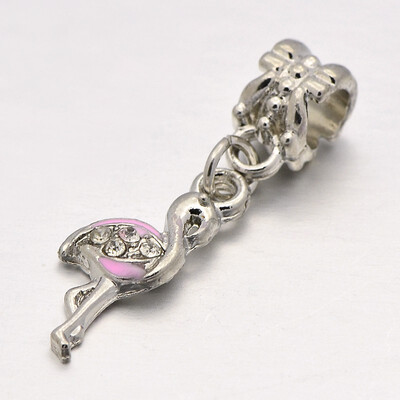 

Flamingo Shape Alloy Enamel Rhinestone European Dangle Beads Large Hole Pendants Platinum PearlPink 32mm Hole 5mm