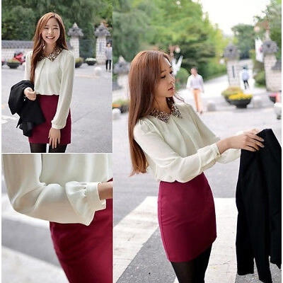 

Fashion Women&acutes Leisure Shirt Sequined Collar Chiffon Long-Sleeved Shirt White Black Pink 3 Color 4 Size