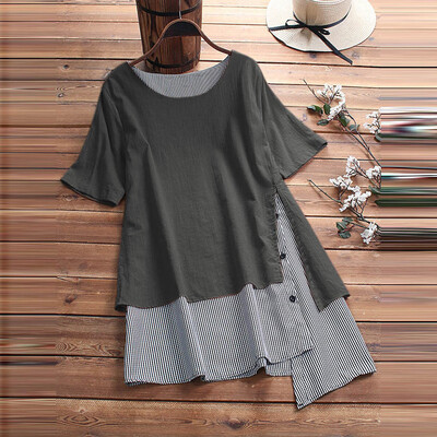 

Nomeni Womens Casual Button Splice Linen Blouse Short Sleeve Shirt Lattice Loose Tops
