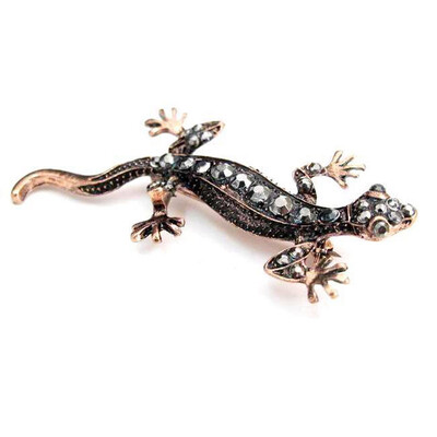

Punk Exaggerated Gecko Lizard Brooch - Bronze Vintage Fashion tone Black Crystal Brooch Jewelry Accessories