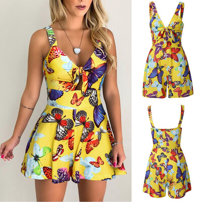 

Starmoon Women Summer Butterfly Printed Sleeveless V-Neck Bow Knot Jumpsuit Playsuit