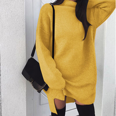 

Womens Pullover High Collar Knitted Slit Plus Size Solid Colour Sweaters Dress