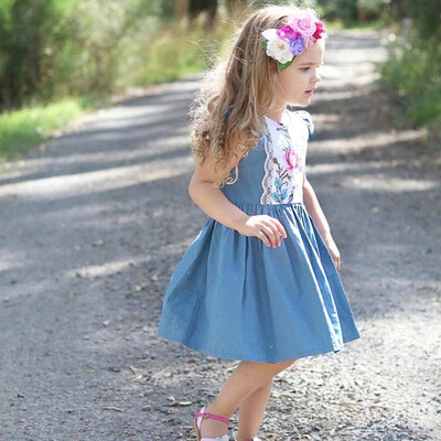 

Toddler Kid Baby Girl Sleeveless Floral Lace Denim Party Princess Dress Clothes