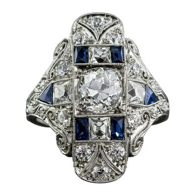 

Antique Art Deco 925 Silver White Topaz Blue Sapphire Gem Ring Women Wedding Jewelry