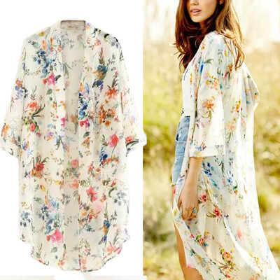 

Womens long printed chiffon kimono sunscreen cardigan summer dress