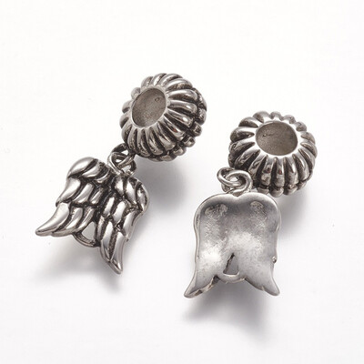 

304 Stainless Steel European Dangle Beads Wing Antique Silver 28mm Hole 5mm