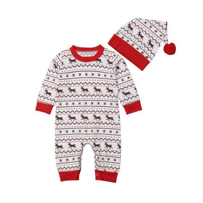 

Infant Baby Christmas Outfits Kids Fashion Long Sleeve Xmas Striped Deer Romper Bodysuits Hats Clothes Set