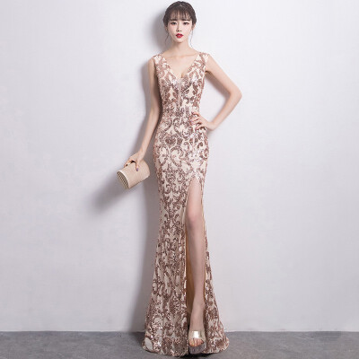 

Fashion Women Evening Dress Banquet Party Prom Long Sequins V-neck Mermaid Dresses