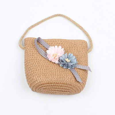 

Girls Knitting Straw Handbag Solid Color Flowers Decoration Kids Summer Casual Holiday Crossbody Bag