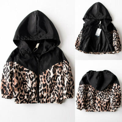

Kids Boys Girls Coat Leopard Patchwork Jacket Long Sleeve Zipper Hooded Tops