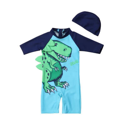 

2PCS Baby Kid Boy Dinosaur Sun Protective Swimwear Rash Guard SwimsuitHat Costume Fit For 1-6Y