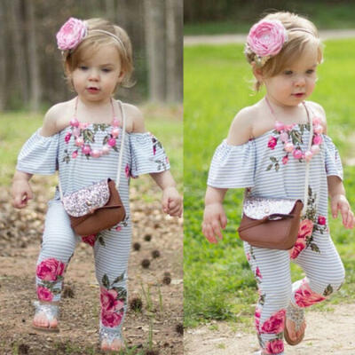 

Newborn Baby Kids Girl Off-shoulder Romper Jumpsuit Stripe Cotton Clothes Outfit