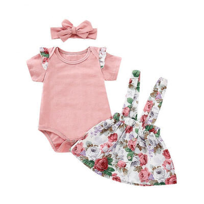 

Casual Toddler Baby Girl Summer Pink Tops Romper Floral Skirt Outfits Clothes Set