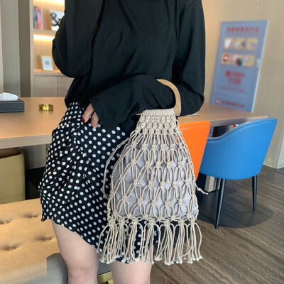 

British new wooden handle portable mosquito net straw bag cotton rope handmade woven bag Sen beach bag