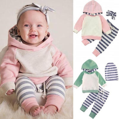 

Autumn Newborn Baby Boy Girls Long Sleeve Hooded Hoodies Tops Striped Pants 2pcs Set Clothes