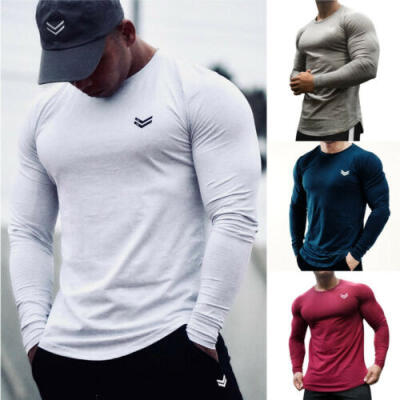 

2019 Mens Casual Gym Muscle Long Sleeve T-shirt Fitness Workout Sport Tee Tops