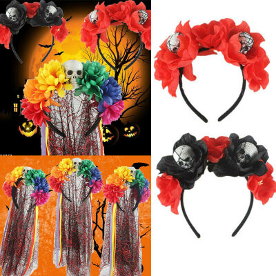 

Ladies Girls Day of the Dead Red Rose Headband Headdress Flowers Halloween Hat