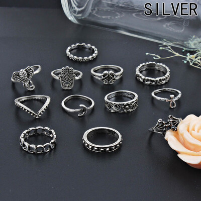 

Women Fashion Vintage Style 13 PcsLot Ring Set Unique Crown Moon Elephant Diamond Finger Rings